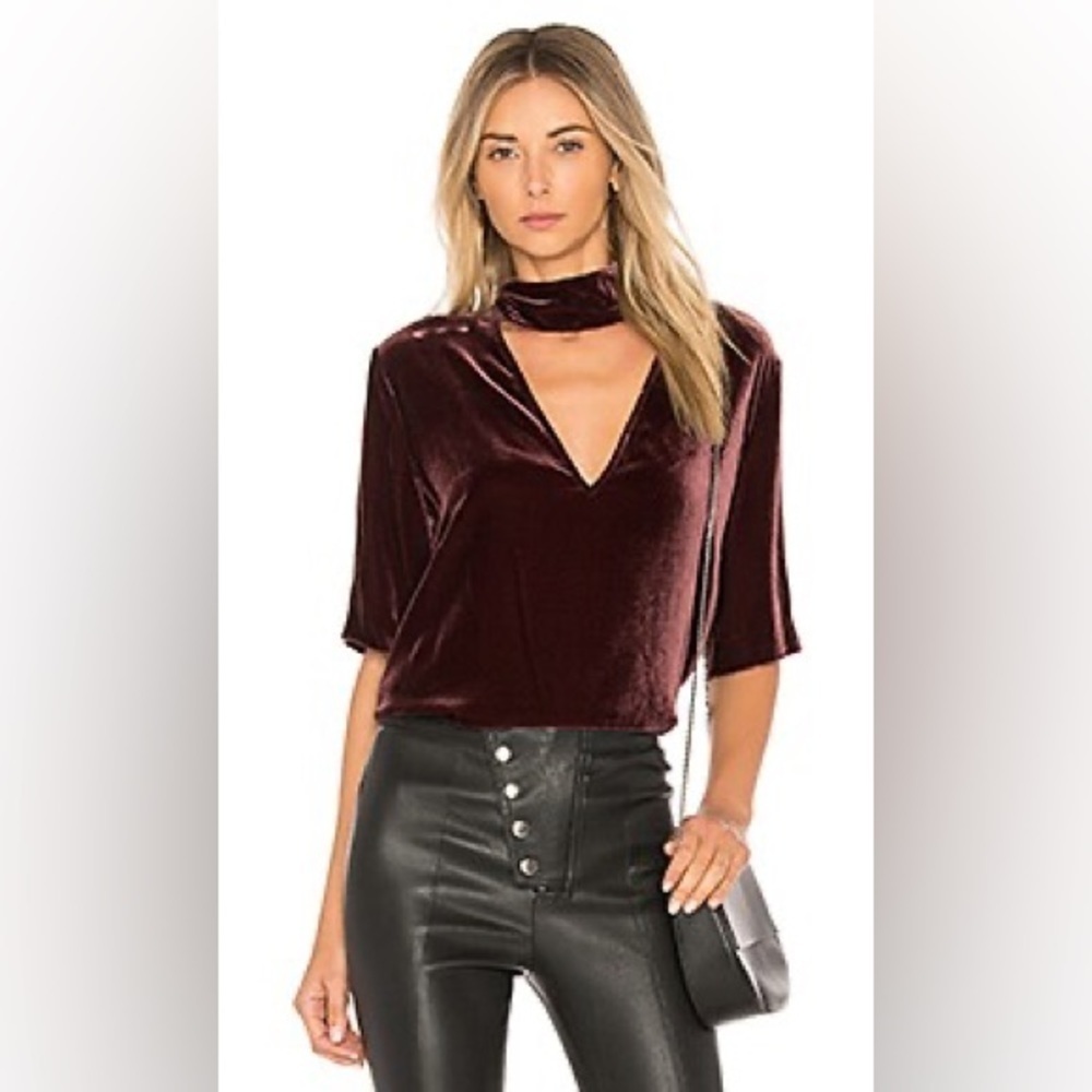 Theory velvet deep wine burgundy key hole blouse damaged